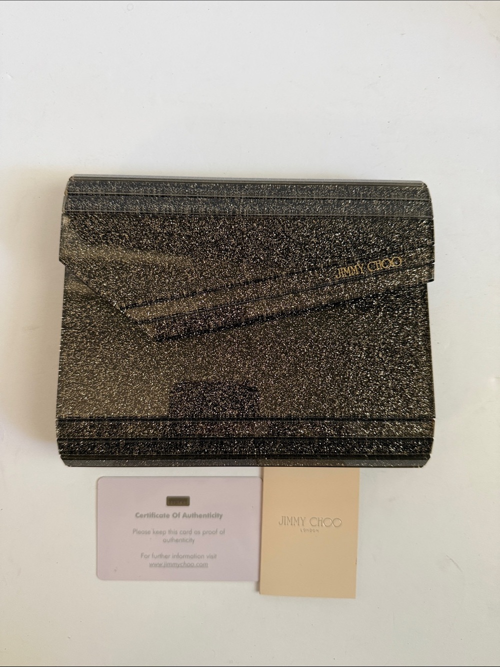 Jimmy Choo Chocolate Brown & Gold Glitter Envelope Purse w/ Chain Shoulder Strap